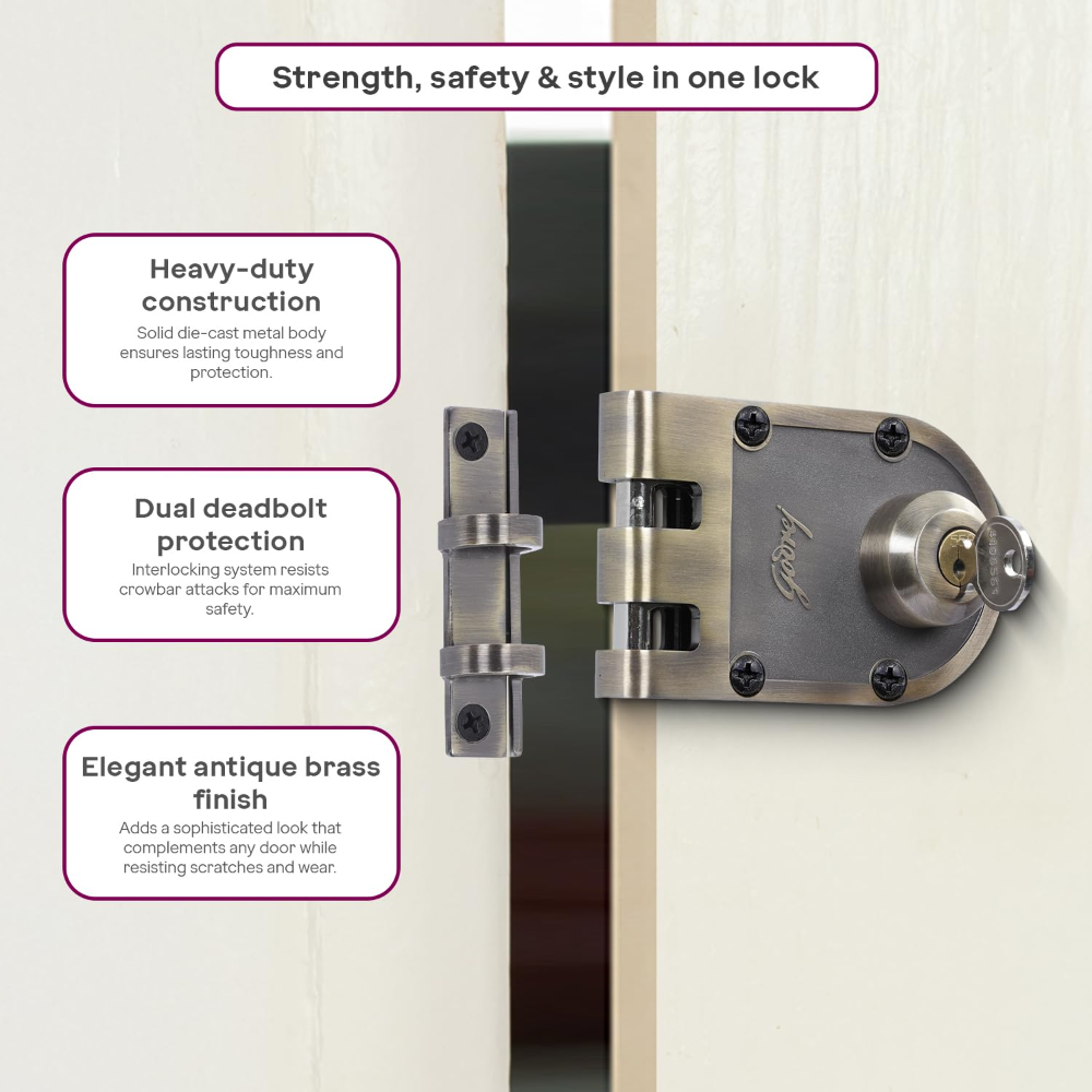 Godrej Rim Lock | Vertibolt Ultra Lock For Wooden Main Door | 2C Deadbolt | 14 Pin Cylinder | For Inside Opening or Double Dooror Sliding Door | 4 Keys | 5 Yr Warranty | Manual Locking | Antique Brass